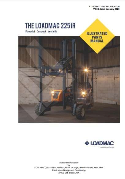 Illustrated parts manual for Loadmac 225iR forklift, featuring a compact design, operational details, and essential components for maintenance and service.