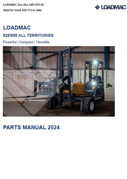 Loadmac 825/855 parts manual cover featuring a forklift, showcasing "Powerful, Compact, Versatile" text, relevant for Loadmac National Inc's parts support services.