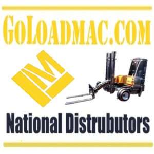 GoLoadmac logo with truck-mounted forklift and text "National Distributors" emphasizing the company's focus on truck-mounted forklifts.