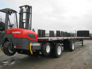 Loadmac truck-mounted forklift on a flatbed trailer, showcasing versatility and compatibility with various mounting systems, including Moffett and Princeton setups.