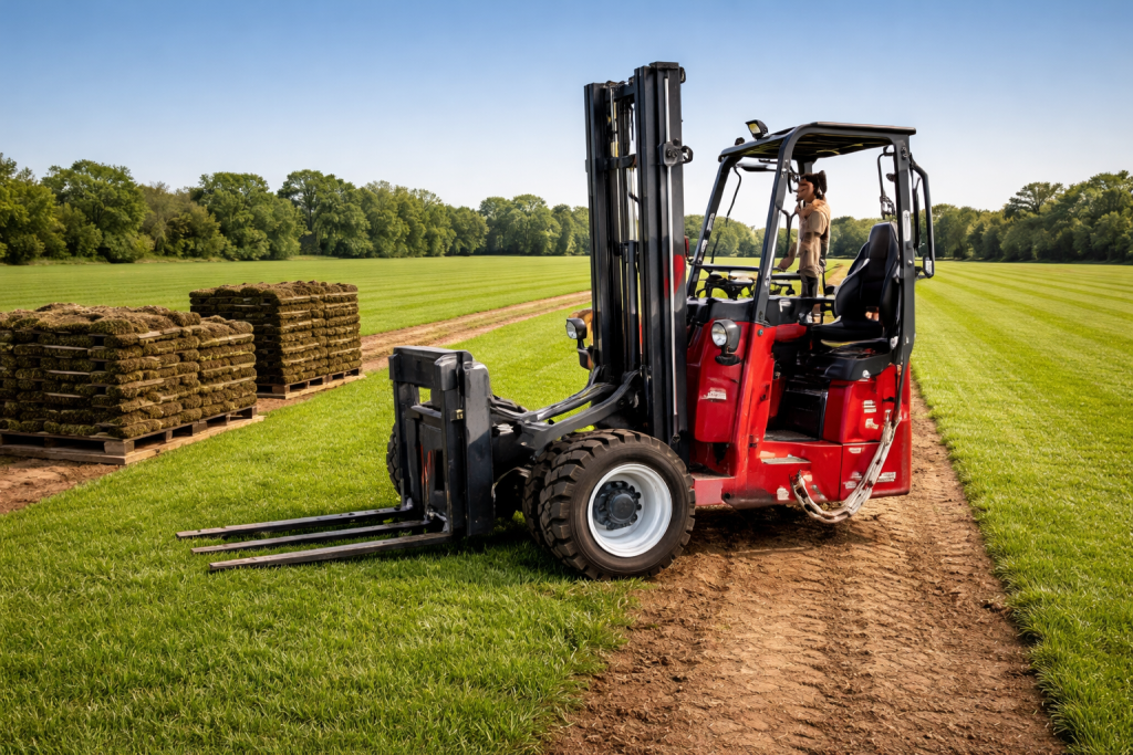 Moffett forklift model M4 operating on a sod farm, showcasing its compact design and maneuverability alongside stacked pallets of sod in a grassy field.