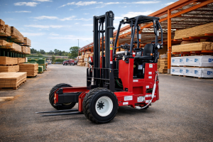 Moffett M5 truck mounted forklift in a lumberyard, showcasing compact design and efficiency for medium-duty loads, ideal for building supply delivery.