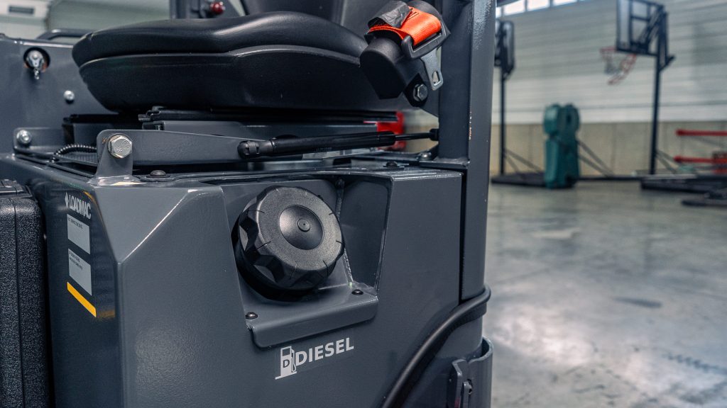 Interior detail shot of the GoLoadMac 255 Ultra 2-Way truck mounted forklift, showing operator controls and equipment components. Located at 18915 Bull Rapids Rd, Spencerville, IN 46788.
