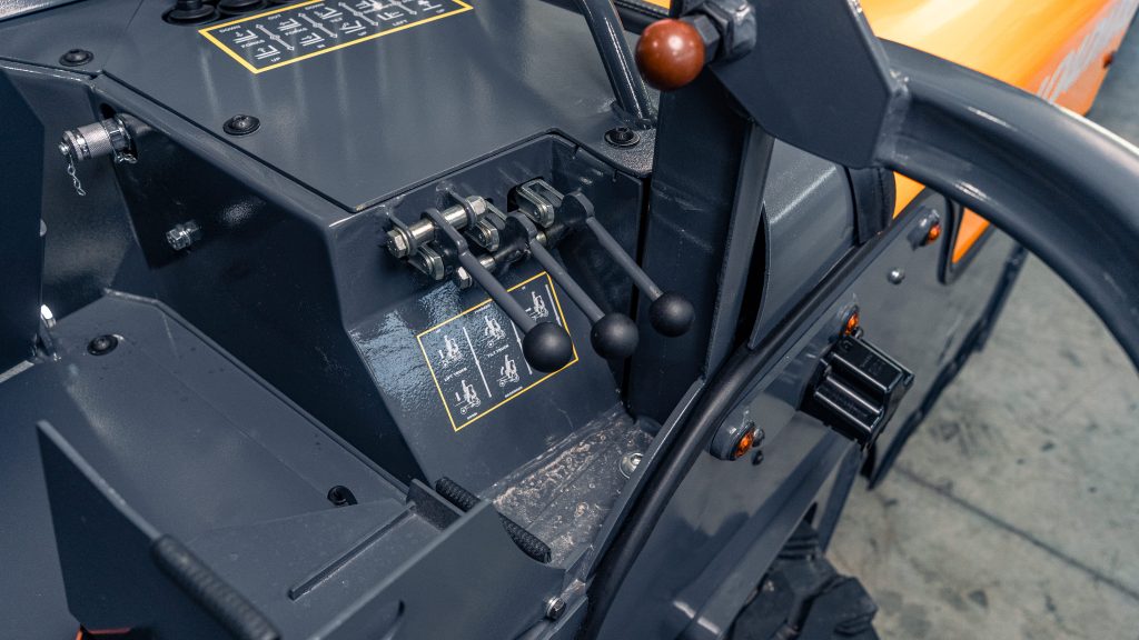 Close-up detail of the operator controls on the GoLoadMac 255 Ultra 2-Way truck mounted forklift. Located at 18915 Bull Rapids Rd, Spencerville, IN 46788.